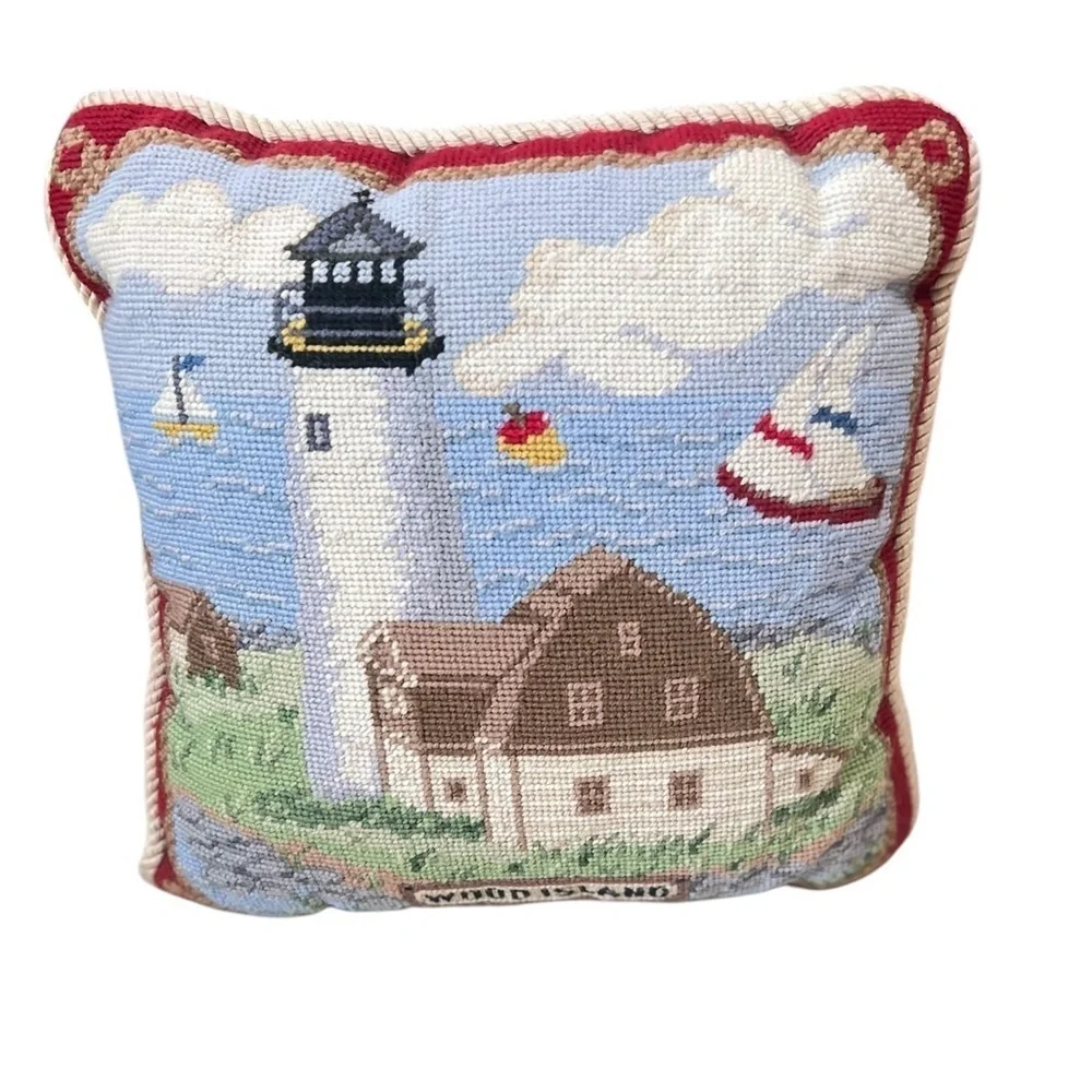 Needlepoint Lighthouse 13x13 Throw Pillow Americana Coastal Wood Island Maine